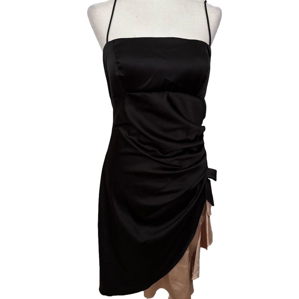 Blondie Nites Black Ruched Cocktail Dress with Nude Peekaboo Hem | Size 13 - Picture 2 of 10